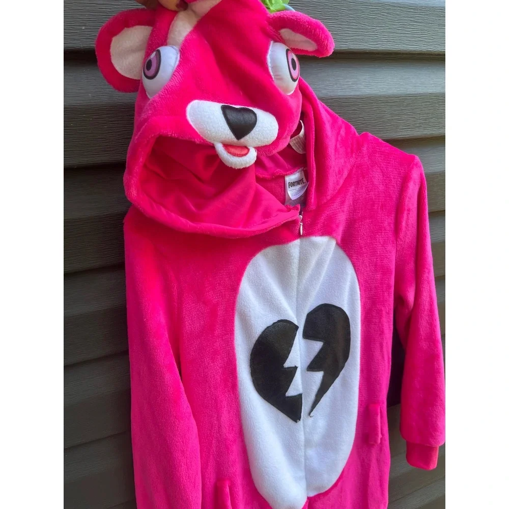 Fortnite Cuddle Team Leader Pink Bear Costume Hooded Bodysuit Youth Large 10-12